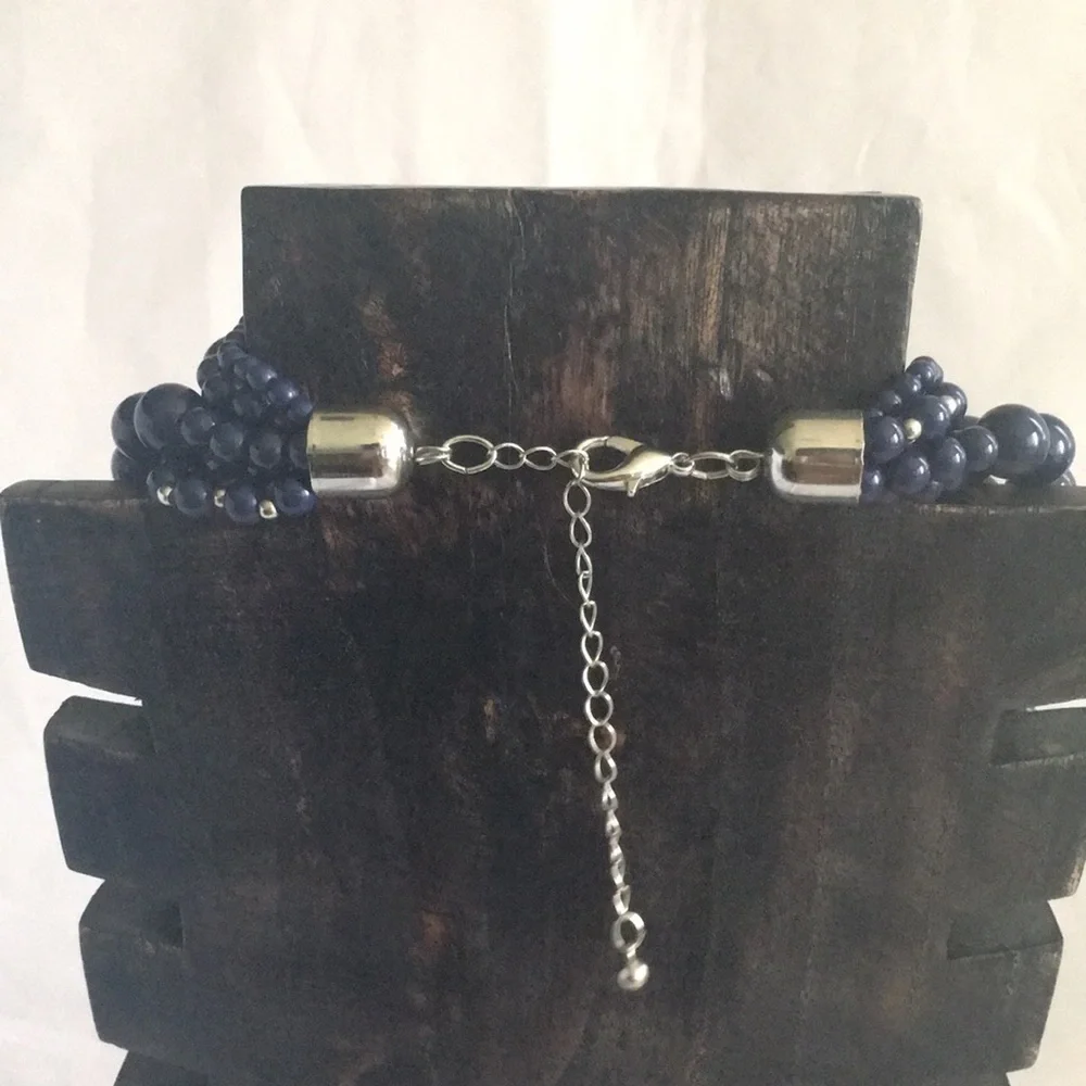 Navy‎ Blue & Silver Tone Multi  Strand Faux Pearl  Necklace